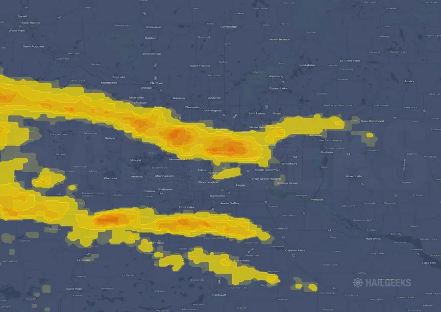 HailGeeks example event map with colored estimated hail footprints around Minneapolis