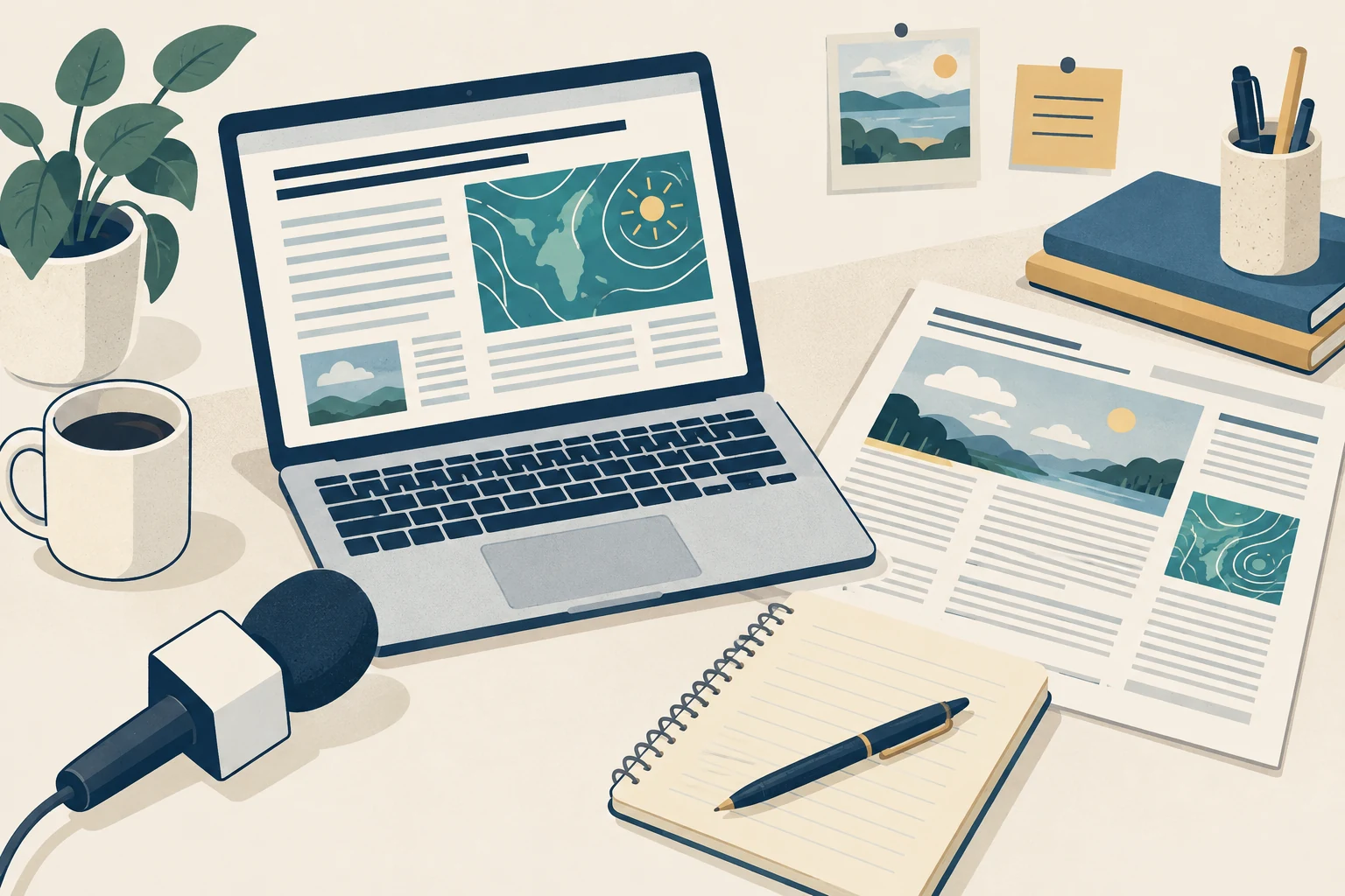 Warm illustration of a laptop displaying a weather article beside printed pages and a notebook
